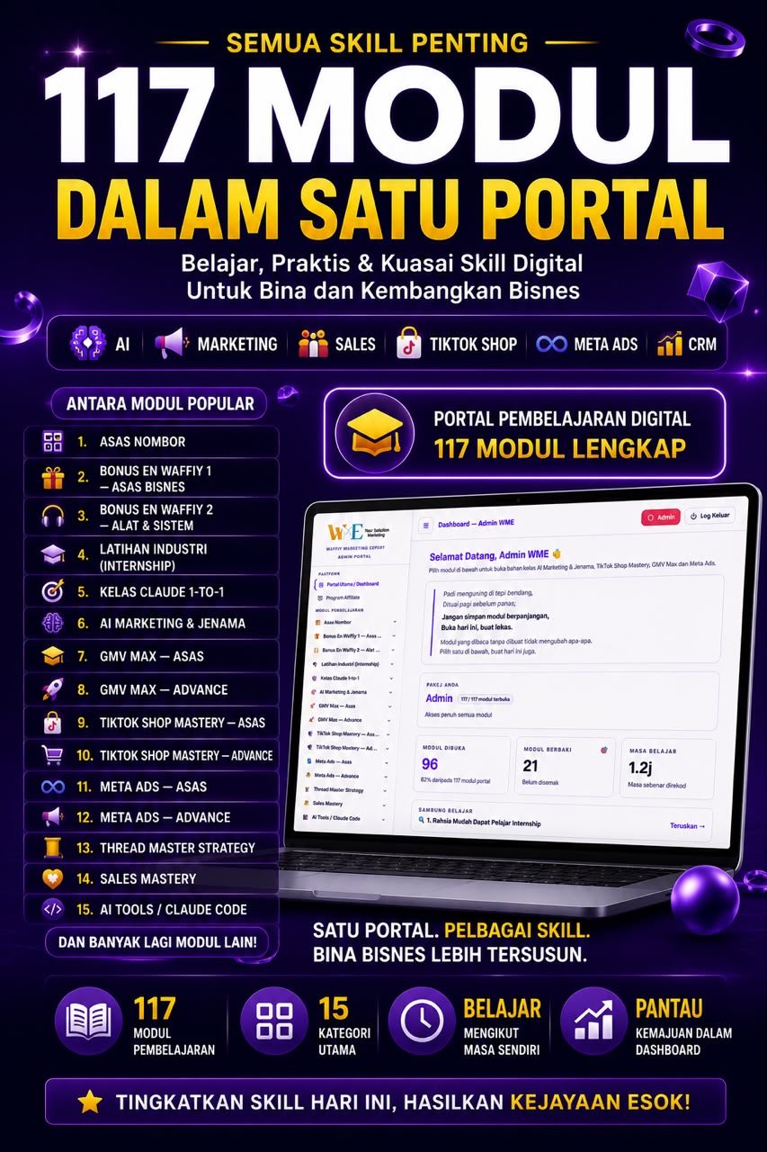 111 modul dalam 17 kategori — jenama, produk, iklan, sales, TikTok Shop, Meta Ads, CRM dan AI