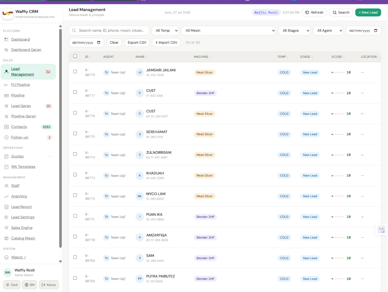 Senarai lead CRM dalam bentuk jadual dengan penapis agen, suhu dan peringkat