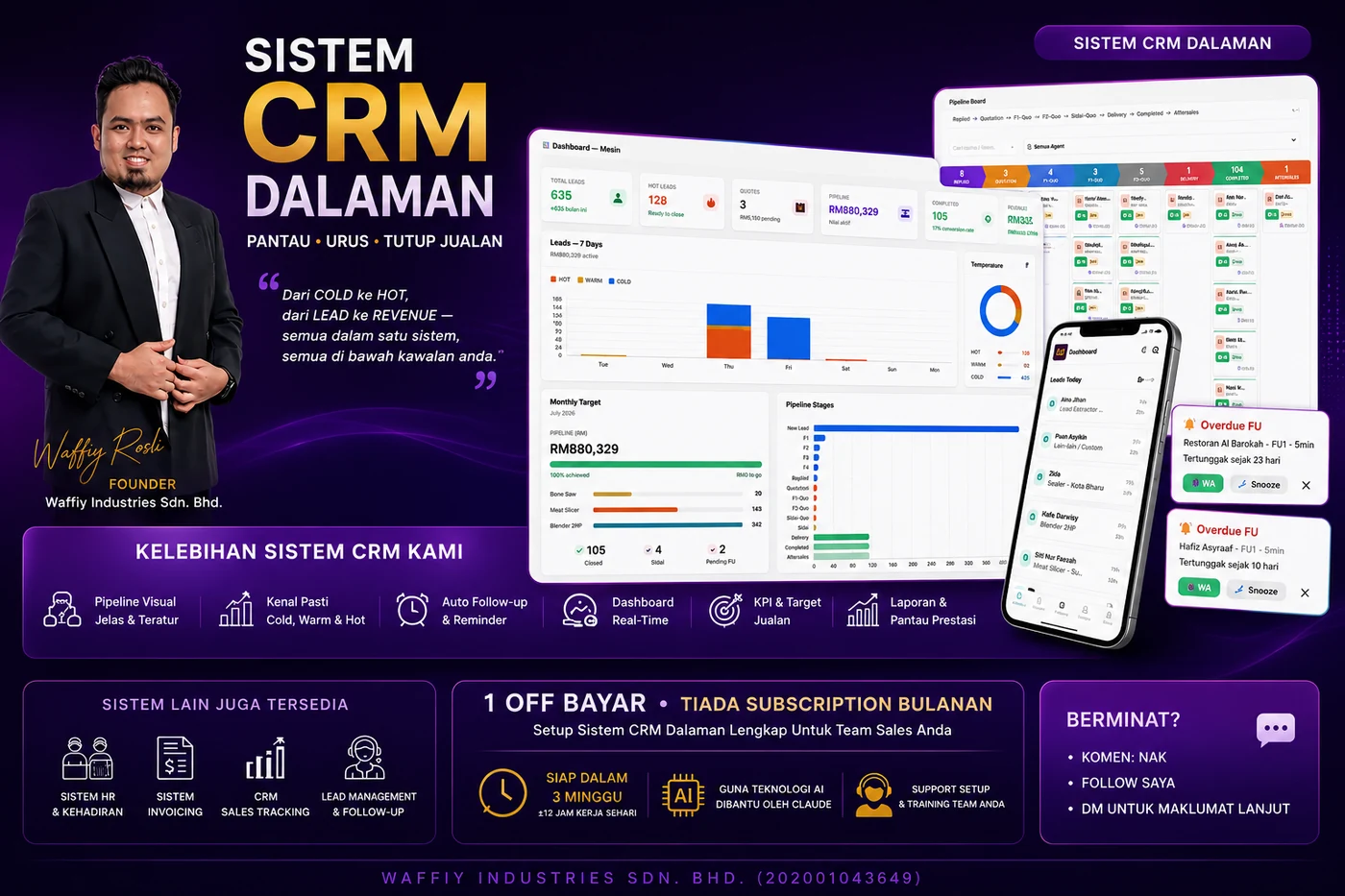 Sistem CRM Dalaman — dashboard, pipeline board dan peringatan follow-up