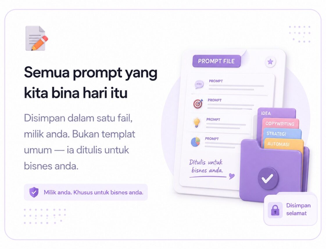 Semua prompt yang kita bina hari itu — disimpan dalam satu fail, milik anda. Bukan templat umum, ia ditulis untuk bisnes anda.