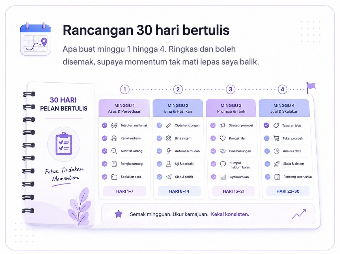 Rancangan 30 hari bertulis — apa buat minggu 1 hingga 4. Ringkas dan boleh disemak, supaya momentum tak mati lepas saya balik.