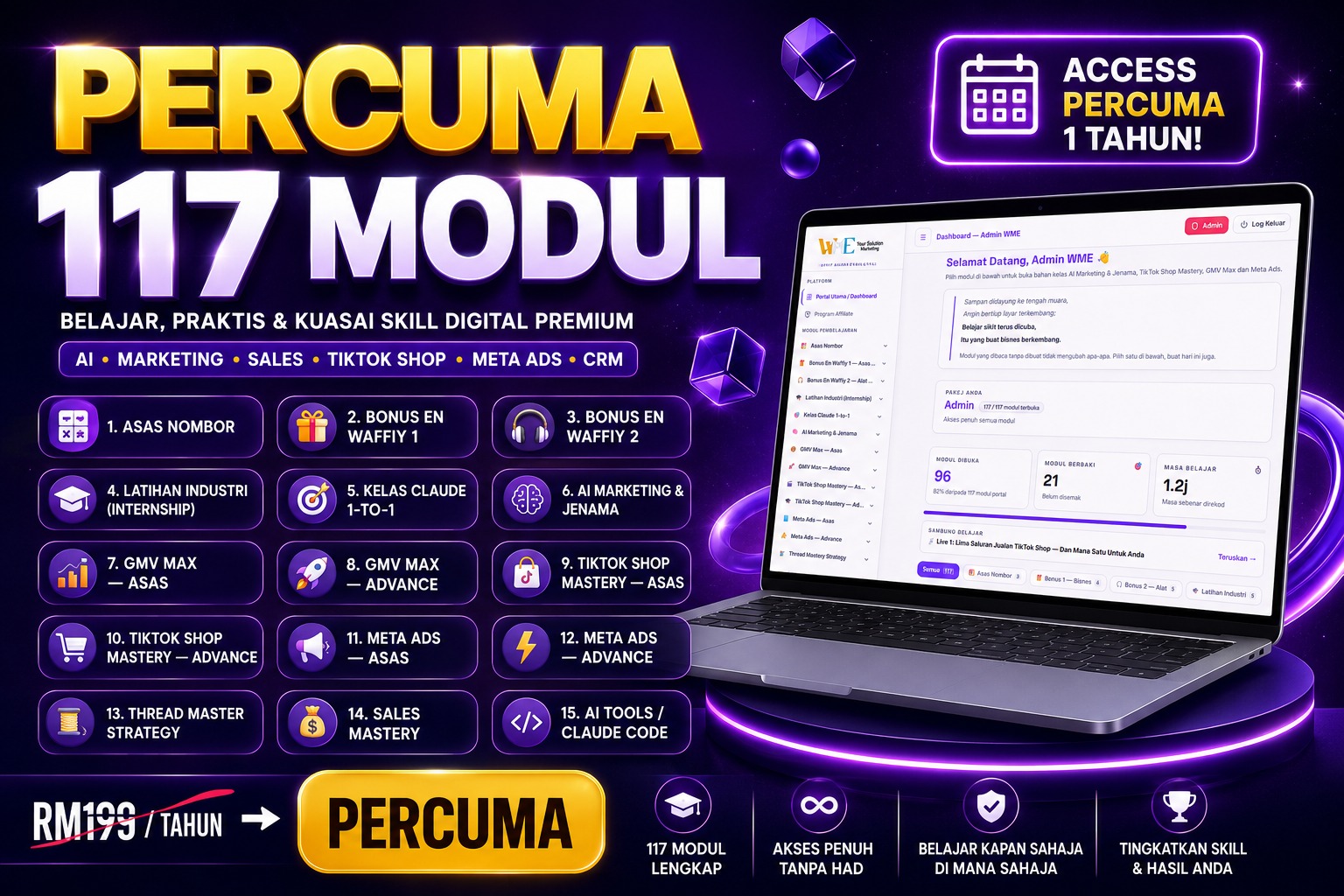 Bonus: akses percuma 111 modul portal kelas Waffiy Marketing Expert selama satu tahun — bernilai RM199