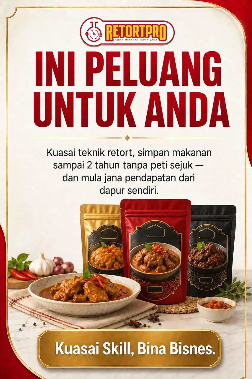 Ini peluang untuk anda — kuasai teknik retort, simpan makanan sampai 2 tahun tanpa peti sejuk, dan mula jana pendapatan dari dapur sendiri
